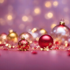 Gorgeous Merry Xmas & Beautiful Happy New Year 2024 Wallpaper. Festive Christmas Baubles Banner. Seasonal Macro Photo with golden flakes bokeh Background and copy space 