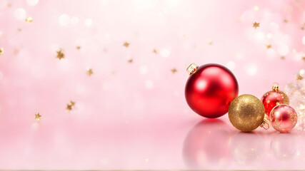 Fototapeta premium Pink Merry Xmas & Golden Happy New Year 2024 Wallpaper. Festive Christmas Baubles Banner. Seasonal Macro Photo with golden flakes bokeh Background and copy space 