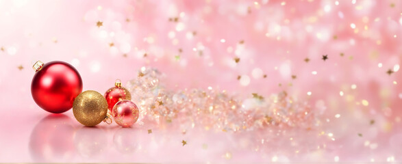 Pink Merry Xmas & Golden Happy New Year 2024 Wallpaper. Festive Christmas Baubles Banner. Seasonal Macro Photo with golden flakes bokeh Background and copy space 