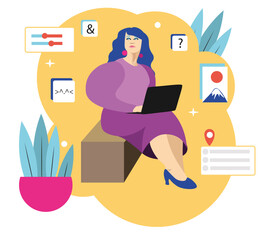 Girl sitting with a laptop, brainstorm, design for business