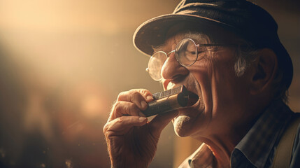 An elderly gentleman jamming on a harmonica