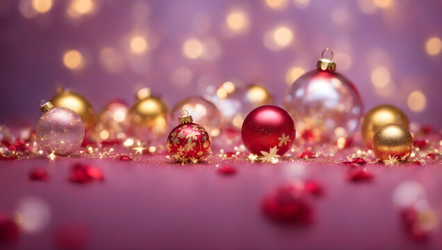 Gorgeous Merry Xmas & Beautiful Happy New Year 2024 Wallpaper. Festive Christmas Baubles Banner. Seasonal Macro Photo with golden flakes bokeh Background and copy space 