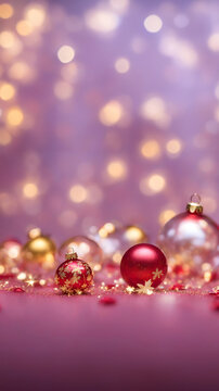 Gorgeous Merry Xmas & Beautiful Happy New Year 2024 Wallpaper. Festive Christmas Baubles Banner. Seasonal Macro Photo with golden flakes bokeh Background and copy space 
