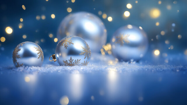 Very Merry Indigo Blue Xmas Banner & Happy New Year 2024 Wallpaper. Elegant Christmas Baubles Backdrop. Seasonal Macro Photo with golden flakes bokeh Background and copy space 