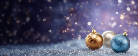 Merry Christmas and a happy new year 2024! Macro of beautiful frosted glass baubles, golden leaf ornament. Indigo purple bokeh background, snow, luxurious. Happy Holidays XL Banner. Xmas 2024
