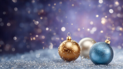 Merry Christmas and a happy new year 2024! Macro of beautiful frosted glass baubles, golden leaf ornament. Indigo purple bokeh background, snow, luxurious. Happy Holidays IG background.
