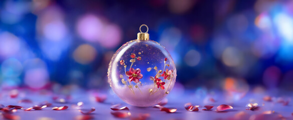 Floral Bauble on Indigo Bg. Indigo Christmas composition. Red flowers & golden leaf glass bauble on purple indigo blue bokeh background. Merry Christmas, winter, 2024 New Year concept. Copy space