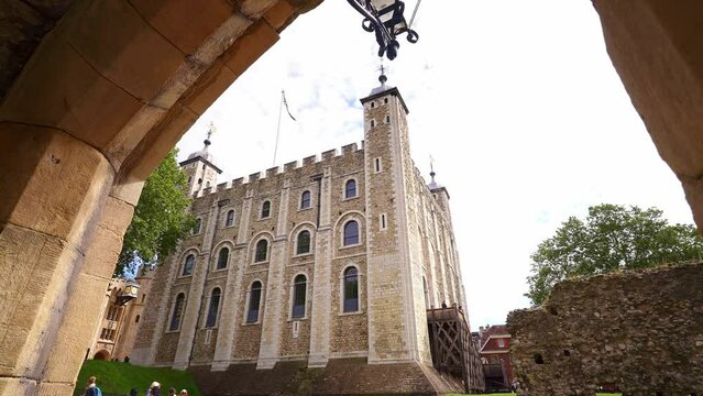 Tower of London, England. Famous English tourism destination, traditional landmark, travel in UK. White tower. British royalty, queen of England, monarchy.  