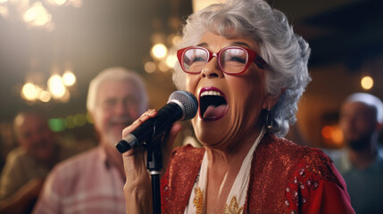 An elderly lady belting out tunes in a karaoke showdown