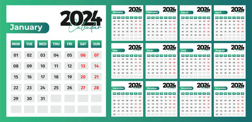2024 Calender week start on Monday monthly calendar Vector Illustration.eps 10