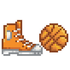 shoe next to a basketball ball, pixel art sport
