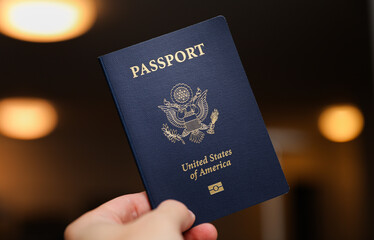 U.S. passport on a dark background, symbolizing travel, identity, citizenship, and international journeys, with patriotic colors and security features