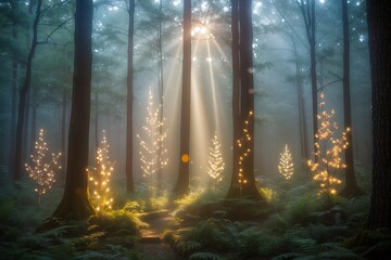Experience the ethereal beauty of light as it dances through the trees, casting a warm glow on the forest floor. summer
