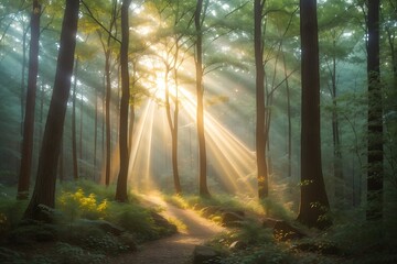 Experience the ethereal beauty of light as it dances through the trees, casting a warm glow on the forest floor. fog