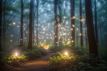 Experience the ethereal beauty of light as it dances through the trees, casting a warm glow on the forest floor. sunlight
