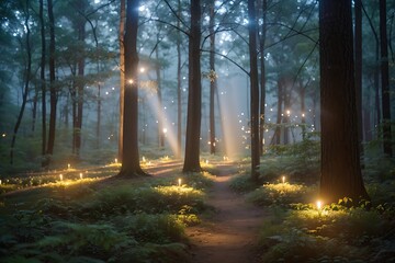 Experience the ethereal beauty of light as it dances through the trees, casting a warm glow on the forest floor. woods