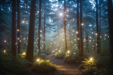 Experience the ethereal beauty of light as it dances through the trees, casting a warm glow on the forest floor. nature