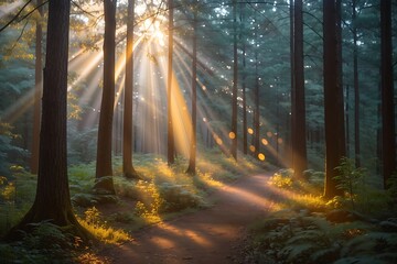 Experience the ethereal beauty of light as it dances through the trees, casting a warm glow on the forest floor. forest