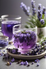Fresh delicious tea with lavender and lavender flowers on gray stone table, nature