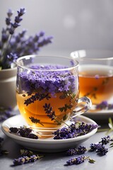 Fresh delicious tea with lavender and lavender flowers on gray stone table, mint