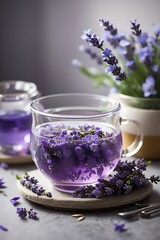 Fresh delicious tea with lavender and lavender flowers on gray stone table, aromatherapy
