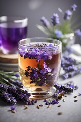 Fresh delicious tea with lavender and lavender flowers on gray stone table, drink