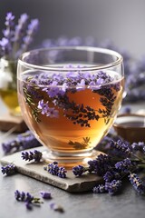 Fresh delicious tea with lavender and lavender flowers on gray stone table, isolated