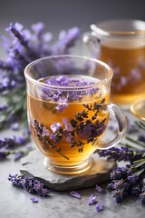 Fresh delicious tea with lavender and lavender flowers on gray stone table, tea