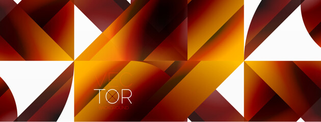 Obraz premium Vibrant color triangles and circles on white background intertwine to create captivating and harmoniously balanced composition for digital designs, presentations, website banners, social media posts