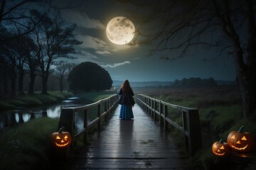 Halloween night with full moon in Ireland on a bridge in a marshy forest with faerie, landscape