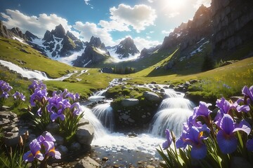 Octane rendering Breathtaking irises in a tiny stream with cascading waterfalls, in a rocky steep bed, around meadow and a few birch tree, high mountains in the background, spring afternoon, valley