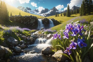 Octane rendering Breathtaking irises in a tiny stream with cascading waterfalls, in a rocky steep bed, around meadow and a few birch tree, high mountains in the background, spring afternoon, nature