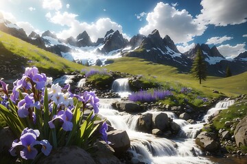 Octane rendering Breathtaking irises in a tiny stream with cascading waterfalls, in a rocky steep bed, around meadow and a few birch tree, high mountains in the background, spring afternoon, mountain