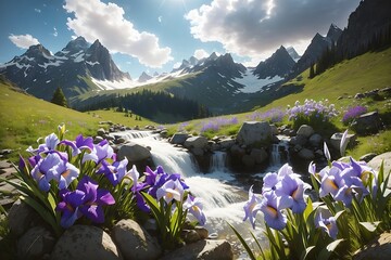 Octane rendering Breathtaking irises in a tiny stream with cascading waterfalls, in a rocky steep bed, around meadow and a few birch tree, high mountains in the background, spring afternoon, sky