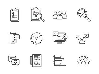 Set of survey icons in line style on white background. Business survey sign 