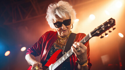 A grandma strumming an electric guitar on stage