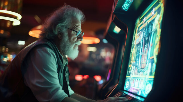 A senior playing a classic arcade game,  immersed in nostalgia