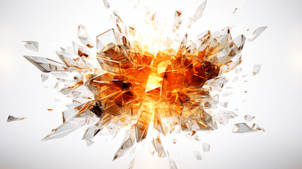 Abstract explosion, perspective background with transparent orange, glass on white background, 3D illustration.