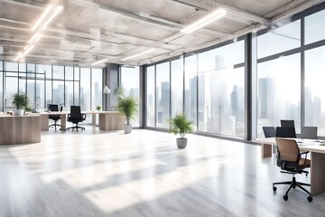 Beautiful blurred background of a light modern office interior with panoramic windows - obrazy, fototapety, plakaty