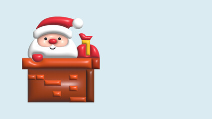 Christmas Santa Claus with gift bag. Realistic 3d cartoon characters. Greeting card, holiday banner, celebrate poster. Cover for promo flyers, brochures. render illustration