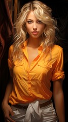 Fototapeta premium Young Blonde Woman With Yellow Shirt, Background Image,Desktop Wallpaper Backgrounds, Hd