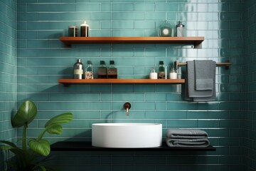 Bathroom ambiance with tiled wall, shelf, and hygiene items. Generative AI
