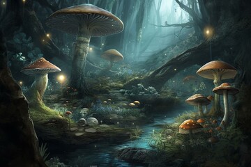Fototapeta na wymiar A magical landscape of mushrooms, flowers, butterflies, and a moon, illustrating a captivating fairy tale. Generative AI