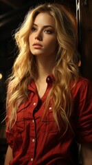 Fototapeta premium Young Lady Checked Shirt Looking Up Looking Pensive, Background Image,Desktop Wallpaper Backgrounds, Hd