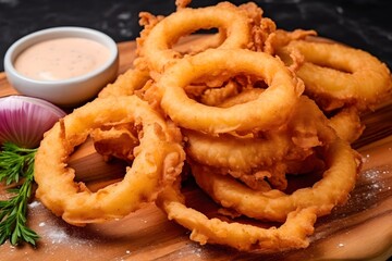 Golden crispy fried onion rings stacked on a plate, close up shot showing the texture, professional food photography, restaurant western menu