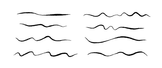 Rough jagged lines set. Grunge wavy brush strokes collection. Black underlines textured curved pen waves. Hand drawn imitation elements for banner, banner, decoration. Doodle uneven wiggles. Vector