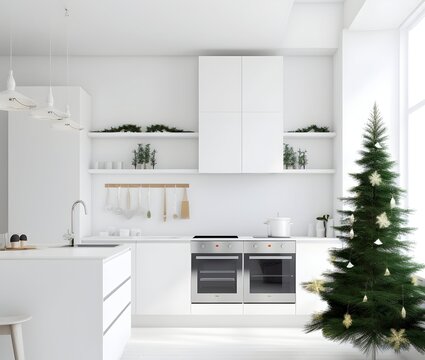 minimalist style white-themed kitchen decorated with a Christmas tree.
