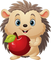 Cartoon little hedgehog holding red apple