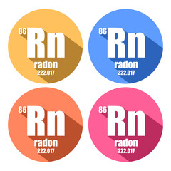 Radon chemical element. Sign with atomic number and atomic weight with long shadows. Chemical element of periodic table.