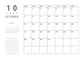 Monthly page Calendar Planner Templates of October 2024 with note. Vector layout of simple calendar with week start Monday for print. Page for size A4 or 21x29.7 cm